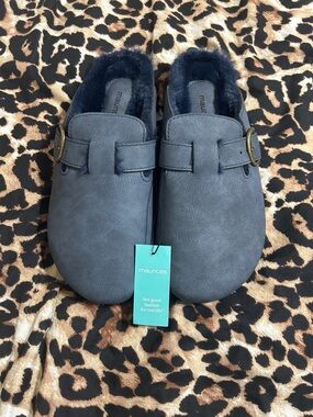 Maurices Navy Faux-Suede Fleece-Lined Buckle Clog Mules